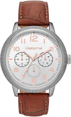 Claiborne Mens Brown and Silver-Tone Coin Edge Leather Watch