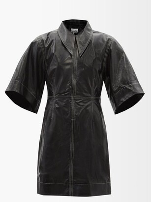 Ganni Point-collar Leather Mini Shirt Dress - Black