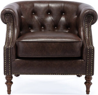 Button Armchair, Brown Faux Leather, Traditional Look, Comfortable Seat, Hardwood Frame Chair, Leather Covering, Tufting, Foam-filled Plywood