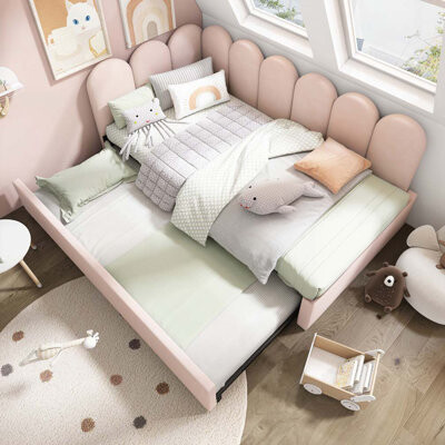 Velvet Upholstered Bed Daybed With Pull-Out Bed
