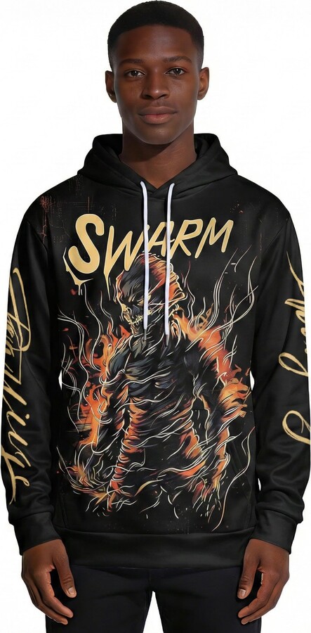 Wifru 3D Full Printed Gothic Dark Flame Skeleton & Mummy Design Hoodie 'SWARM' Horror Art Sweatshirt for Men Black Streetwear with Gold Text Alternative Fashion