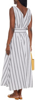Thumbnail for your product : Brunello Cucinelli Belted Bead-embellished Striped Cotton-poplin Midi Dress
