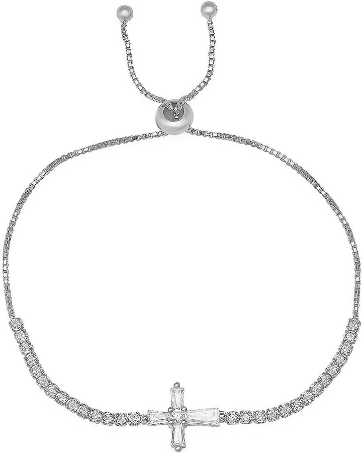 Diamonique Baguette Cut Cross Adjustable Bracel et, Sterling