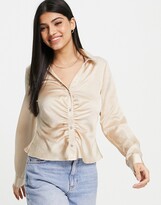 Thumbnail for your product : New Look satin ruched front button through shirt in cream