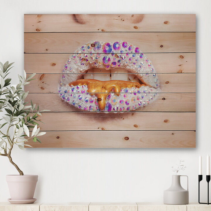 Designart 'Shining Woman Lips Covered With Rhinestones and Smudges' Modern Print on Natural Pine Wood