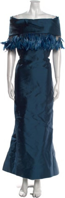Catherine Regehr Evening Gown Blue Feather Trim Short Sleeve with Off-The-Shoulder Concealed Zip Closure at Back