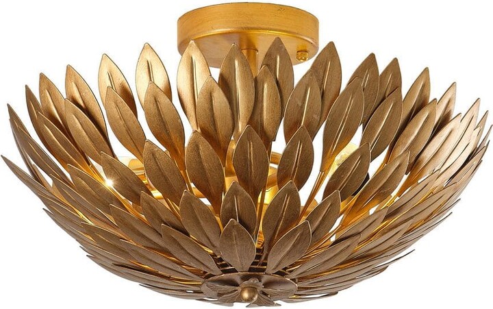 Parrot Uncle 15.75 in. 3-Light Antique Gold Semi-Flush Mount Ceiling Light with Layers of Leaves Shade