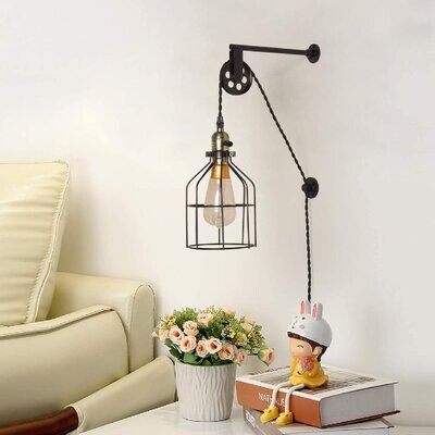 Industrial Rustic Wall Sconce Light Vinatge Hanging Cord Wall Lamp with Cage 