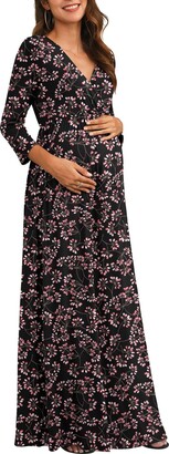 Maternity Nursing Breastfeeding Summer Formal Floral Lace Waist Tie Baby Shower Dress 3/4 Sleeve 