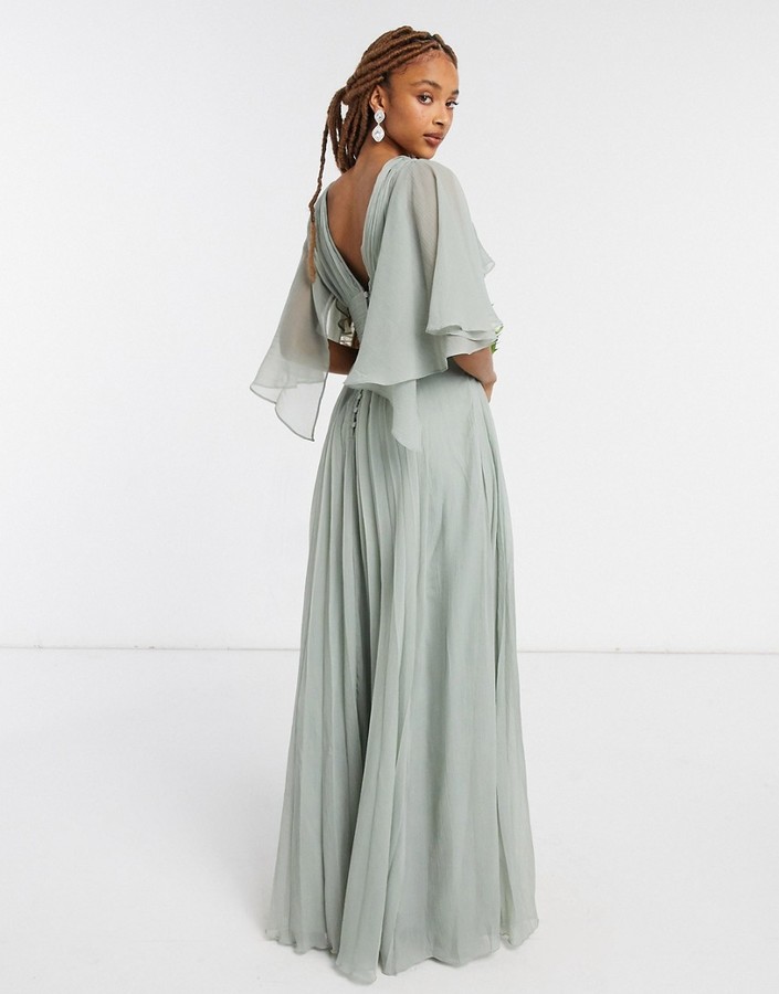 ASOS DESIGN Bridesmaid fallen shoulder drape maxi dress with layered wrap  skirt in olive