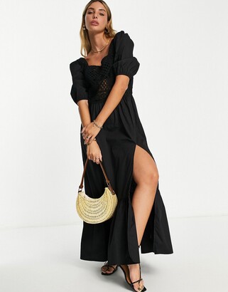 ASOS DESIGN crochet insert cotton poplin maxi dress in black