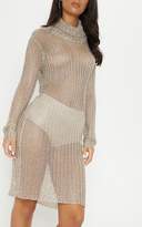 Thumbnail for your product : PrettyLittleThing Pewter Roll Neck Metallic Knitted Dress