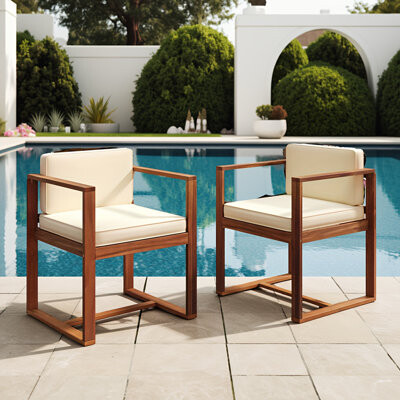 Millwood Pines Set Of 2 Acacia Wood Patio Dining Armchairs With Beige Cushions 400lb Capacity Ergonomic Outdoor Backrest Chairs For Garden Porch Deck