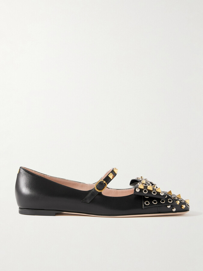 Valentino Garavani Bowow Embellished Leather Mary Jane Ballet Flats - Black