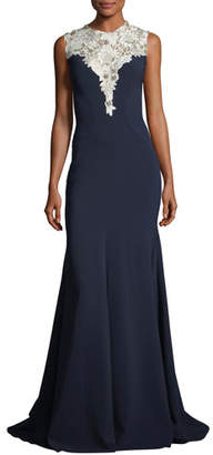 Jenny Packham Sleeveless Crepe Evening Gown with Embellished Bodice