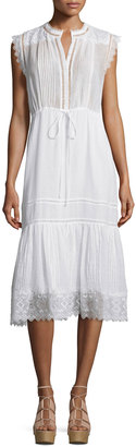 Rebecca Taylor Sleeveless Pintucked Lace-Trim Midi Dress, White