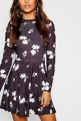 boohoo NEW Womens High Neck Ditsy Floral Skater Dress in Polyester