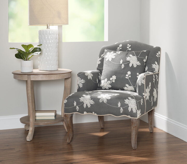 Linon Lauretta Upholstered Floral Embroidered Arm Chair with Pillow in Gray