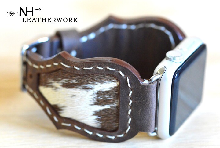 Leather Watch Band Strap, Hair On Hide Inlay With Chocolate Oil Tan, Apple 38mm 40mm 41mm 42mm 44mm 45mm 46mm 49mm, Samsung Galaxy, Ultra 47