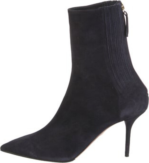 Aquazzura Suede Ankle Sock Boots Blue Pointed-Toes Exposed Zip Closure at Ankles