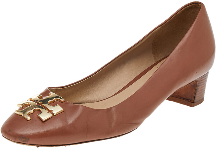 Tory Burch Brown Leather Reva Block Heel Pumps Size  - ShopStyle