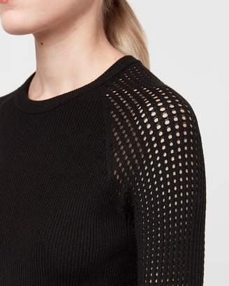 Express Ribbed Mesh Sleeve Cropped Crew Neck Sweater