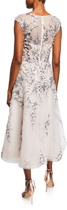 Rickie Freeman For Teri Jon Bateau-Neck Cap-Sleeve 3D Floral Embroidered Tulle Dress