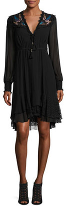 Nanette Lepore Long-Sleeve Embroidered Silk Dress, Black