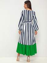 Thumbnail for your product : Shein Bishop Sleeve Contrast Ruffle Hem Striped Dress