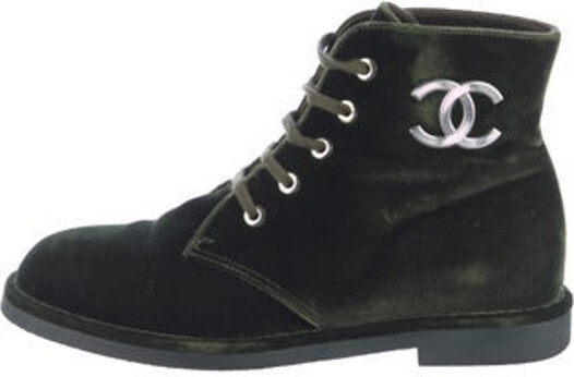 Chanel Velvet Ankle Combat Boots From the Pre-Fall 2017 Collection by Karl Lagerfeld Green Interlocking CC Logo Round-Toes Lace-Up Closure at Uppers Includes Box