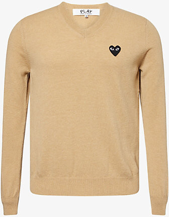 Comme des Garçons PLAY Mens Light Camel Heart-Appliqué Crewneck Wool Knitted Jumper M
