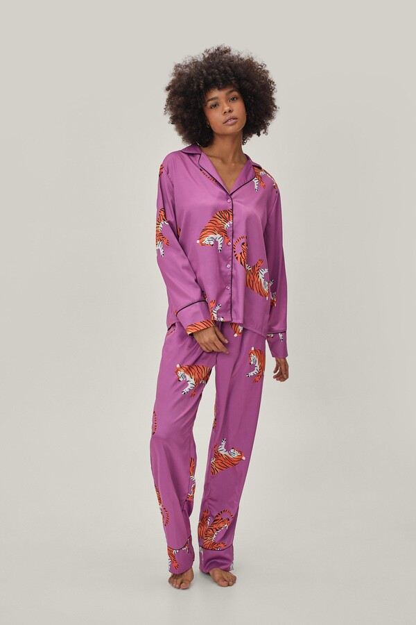 Nasty Gal Womens Satin Tiger Pajama Shirt and Pants Set - ShopStyle