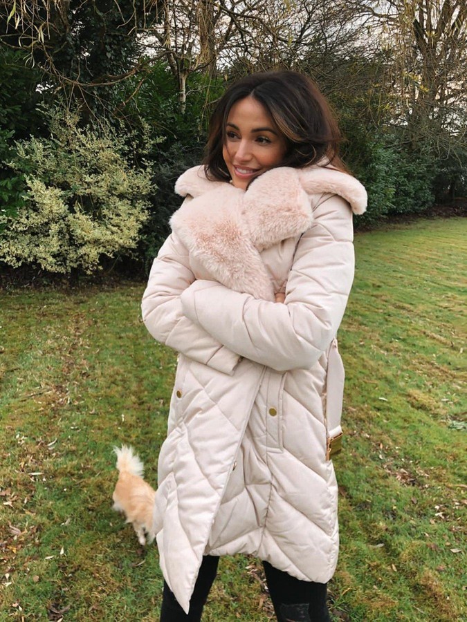 cream hooded fur coat