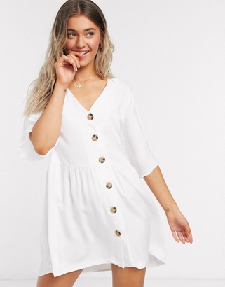 ASOS DESIGN v neck button through mini smock dress in white - ShopStyle