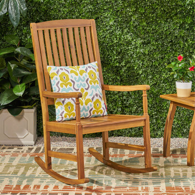 August Grove Acacia Wood Outdoor Patio Rocking Chairs With 250Lbs Support Smooth Porch Rocker For Deck Lawn Yard