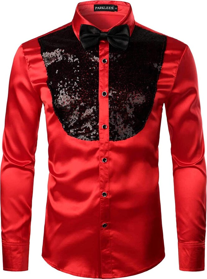 PARKLEES Men's Shiny Sequins Design Silk Like Satin Button Up Disco ...