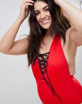 Thumbnail for your product : ASOS Curve DESIGN Curve recycled lace up plunge swimsuit in red