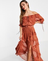 Thumbnail for your product : ASOS DESIGN off shoulder dobby and chiffon mix maxi dress with belt