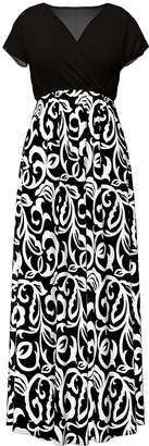 Bella Flore Women's Maxi Dresses - Black & White Vine Cap-Sleeve Empire-Waist Surplice Maxi Dress - Women