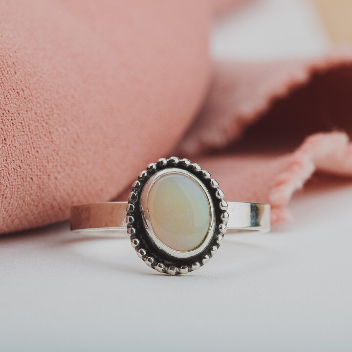 Etsy Size 10.25 Opal Ring | Colorful Rainbow Australian Gemstone in Sterling Silver Beaded Dotted Warrior Oval Statement