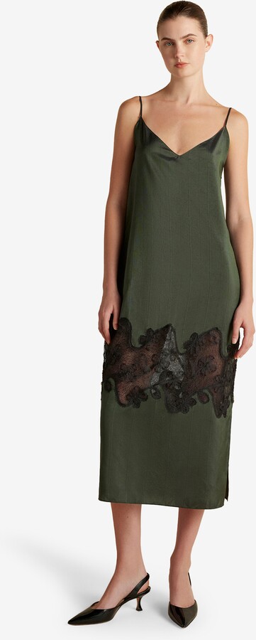 Marina Moscone Pinstripe Slipdress with Lace Inlay