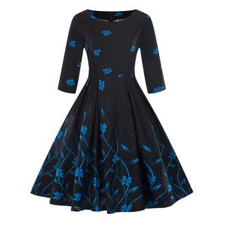 Wellwits Women's Boat Neck 3/4 Sleeve Blue Flower Casual 1950s Vintage Dress M