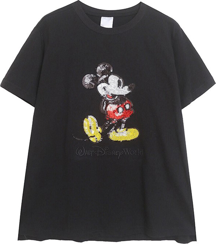Disneyland Walt Disney World Castle Mickey Mouse Sequined Cartoon Print Black T-Shirt Women Short Sleeve O-Neck Pullover Tee Top