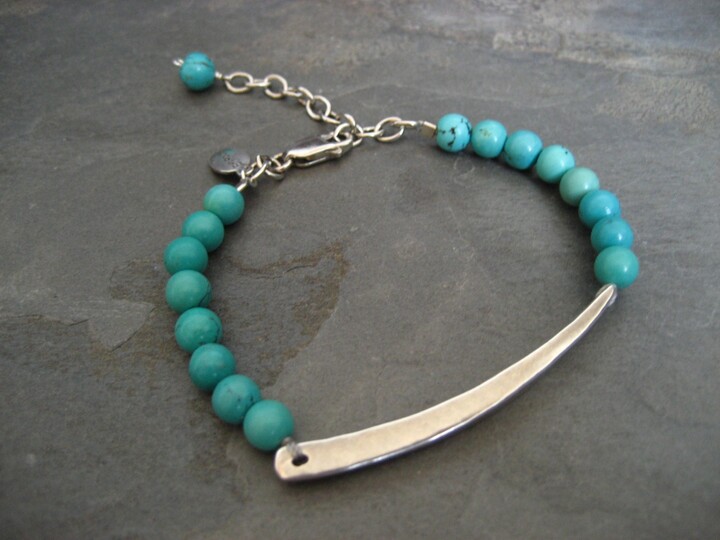 Etsy Assymetrical Bar Bracelet With Turquoise Beads Solid Heavy Sterling Silver