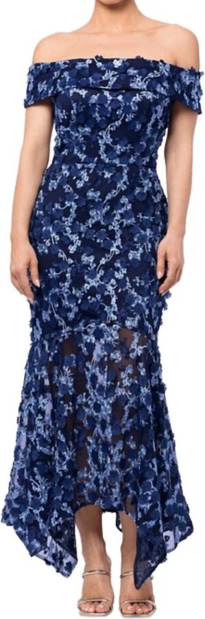 Xscape Evenings Off-The-Shoulder Embroidered 3D Floral Lace Midi Dress In Navy