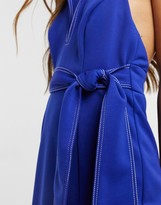 Thumbnail for your product : ASOS DESIGN plunge halter belted pep hem midi dress with contrast top stitch in blue