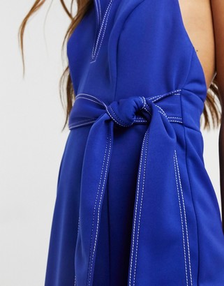 ASOS DESIGN plunge halter belted pep hem midi dress with contrast top stitch in blue