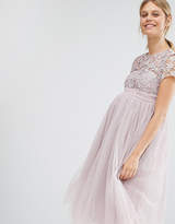 Thumbnail for your product : Little Mistress Maternity Short Sleeve Lace Bodice Mini Dress With Tulle Skirt