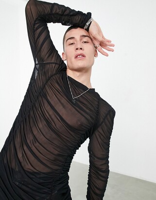 ASOS DESIGN skinny long sleeve t-shirt in black mesh with ruching