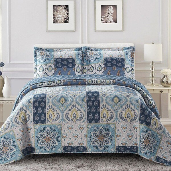 Egyptian Linens BellflowerReversibleQuilt-BedspreadSetBlueKing/CaliforniaKing